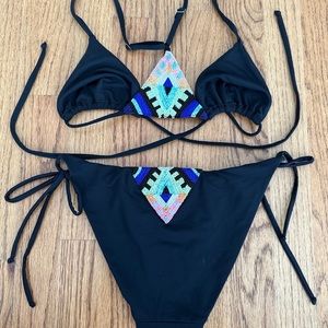 Mara Hoffman Black Beaded Triangle Bikini Small swimsuit